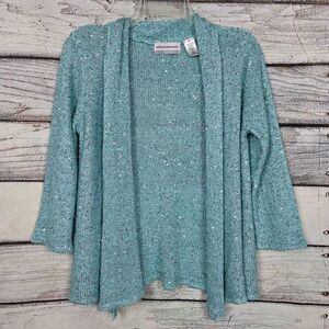Alfred Dunner Petite PM Teal Sequin Open Cardigan
